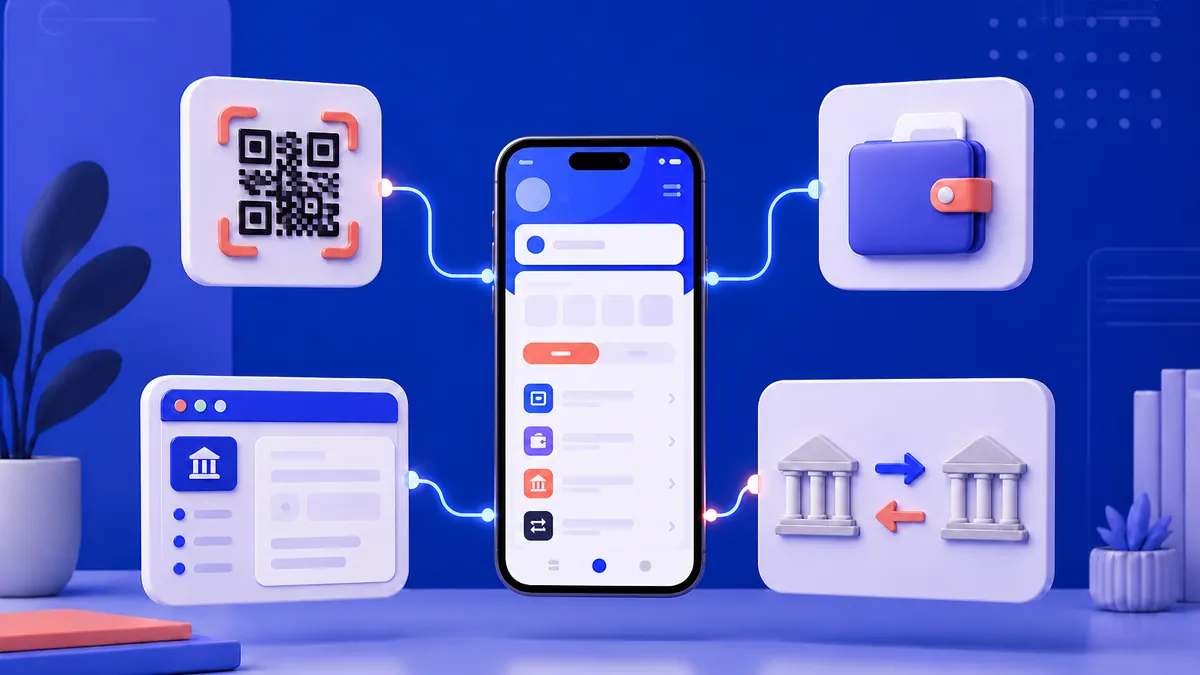 Illustrated mobile cashier with QR, e-wallet, online banking and bank transfer options