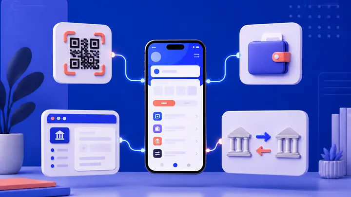 Illustrated mobile cashier with QR, e-wallet, online banking and bank transfer options