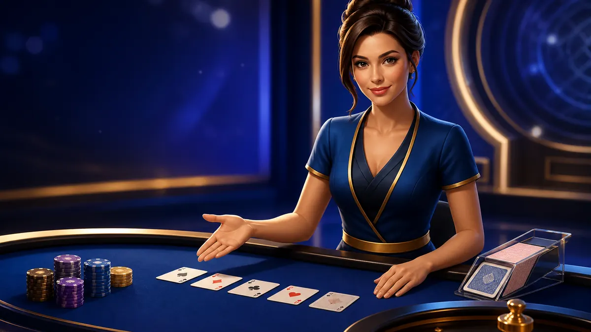 FU88 real dealer presenting live casino tables in a blue-and-gold streaming studio