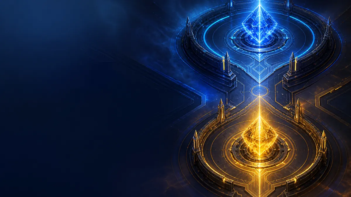 Blue-and-gold FU88 futuristic arcade arena with opposing abstract energy cores