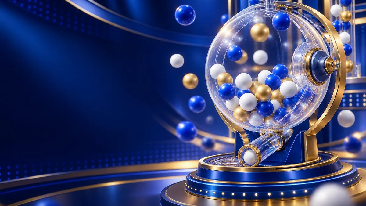 Blue-and-gold FU88 bingo and lottery draw chamber with abstract unnumbered balls