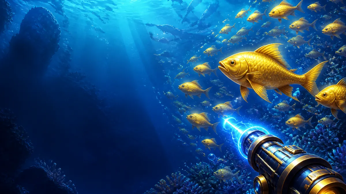 Blue-and-gold FU88 underwater fishing arcade scene with golden fish and energy effects
