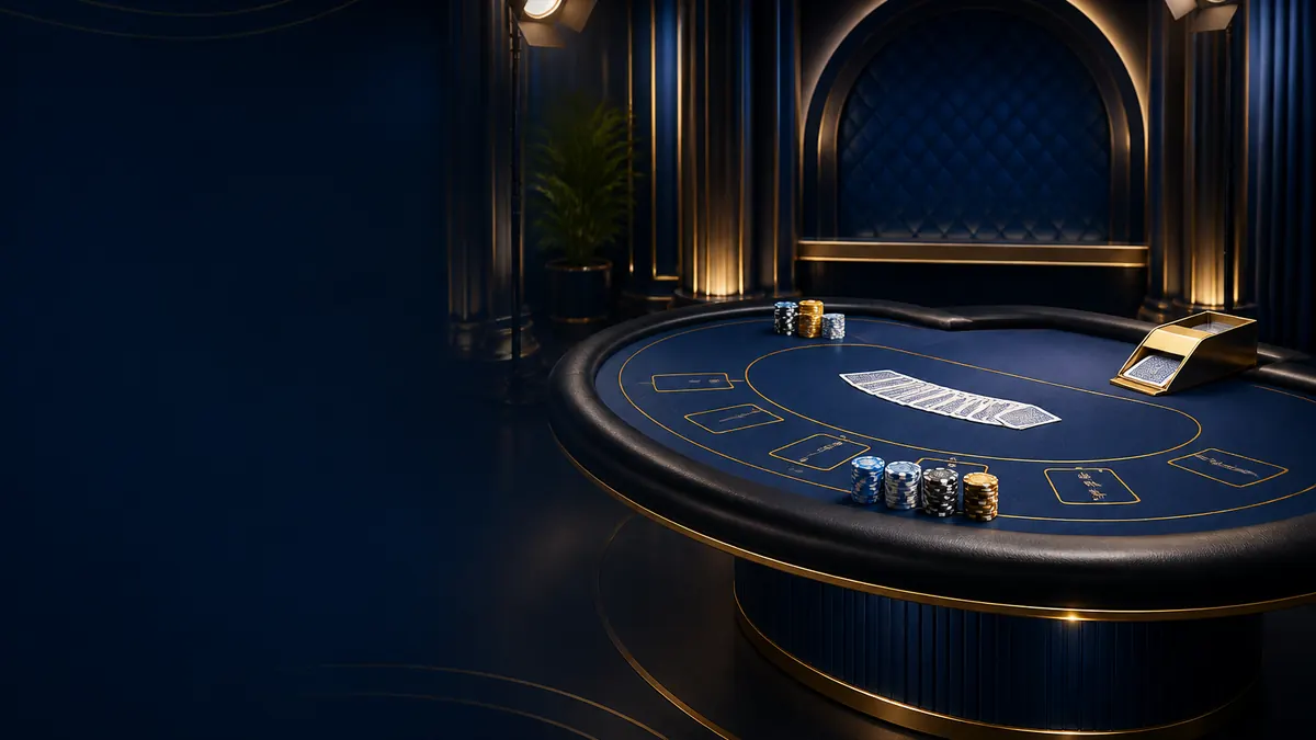 Blue-and-gold FU88 live casino table scene with chips and studio lighting