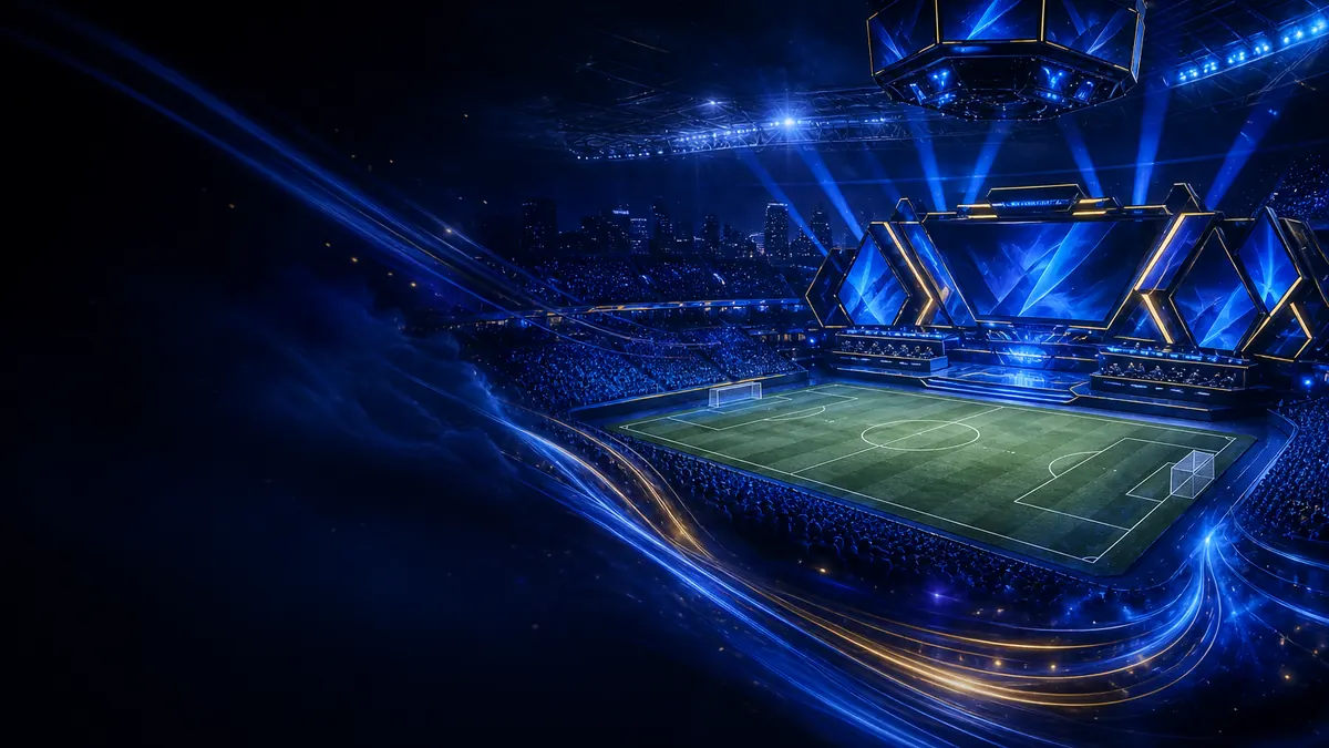 Blue-and-gold FU88 stadium and esports arena with abstract energy