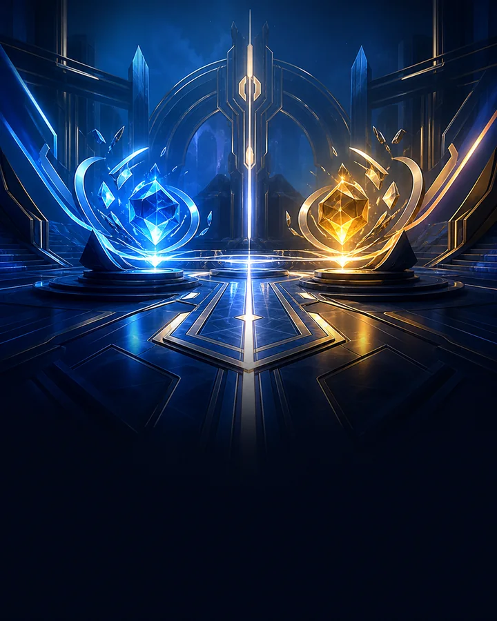 Two opposing energy cores in a competitive blue and gold arena