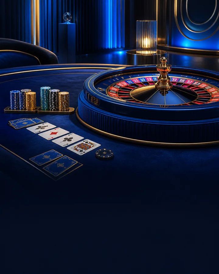 Blue and gold roulette table representing live casino coverage