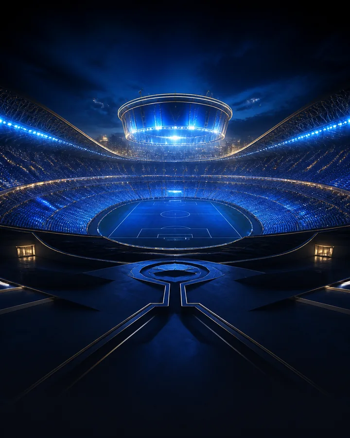 Blue and gold night stadium for sports and esports coverage